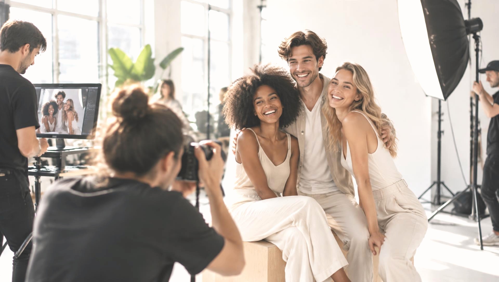 Actors on a bright commercial casting set